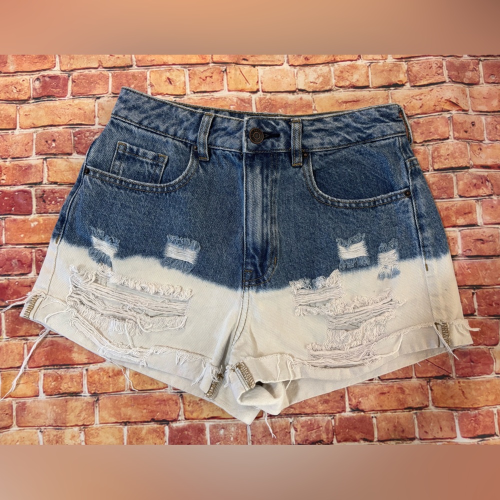 PACSUN Denim Blue and White Distressed Women Shorts